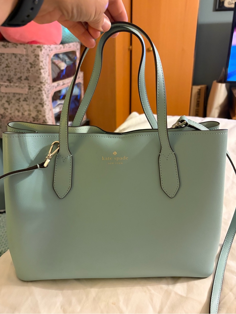 kate spade glacier blue leather tote with detachable strap
